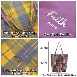 Plaid canvas tote bag with wide straps and dimensions 46x36cm shown from multiple angles
