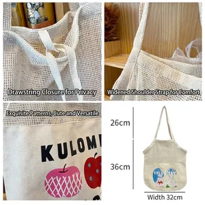 Mesh patchwork shoulder tote bag with cartoon print and drawstring closure