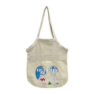 Cartoon rabbit canvas mesh tote bag with minimalist ivory patchwork for spring casual wear