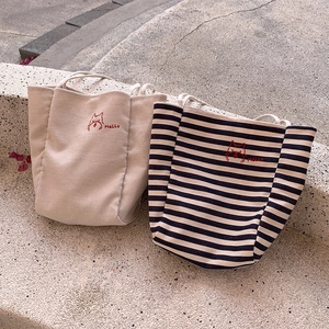 Women Large Capacity Canvas Tote Bag Casual Striped Shoulder Bag With Red Dog Embroidery Daily Travel Shopping Handbag