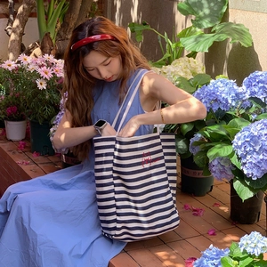 Blue striped canvas tote bag with red puppy embroidery for summer casual style