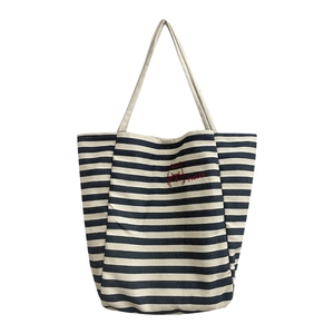 Striped canvas tote bag with cat embroidery and Hello text in navy and cream