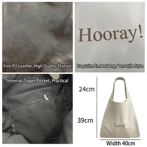 Soft cream PU leather tote bag with Hooray embroidery and interior zipper pocket