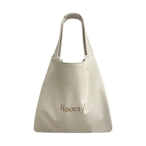 Chic cream leather tote bag with Hooray text print, Korean style shoulder shopping bag