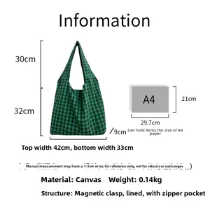 Detailed size chart of green plaid canvas tote bag with dimensions and capacity display