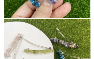 Dettaglio macro di ametista e pietre di quarzo intrecciate su un fermaglio in metallo argento