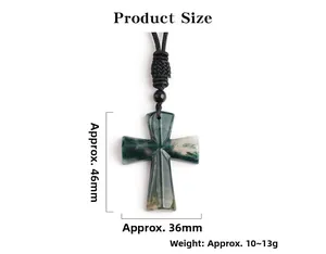 Detail showing natural green agate cross pendant dimensions 46x36mm with braided cord