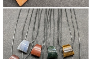 Trapezoid natural agate and quartz pendants on black wax cords in ethnic style