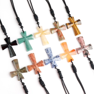 Natural Gemstone Cross Pendant Necklace Healing Crystal Handmade Woven Adjustable Cord Religious Jewelry For Men Women
