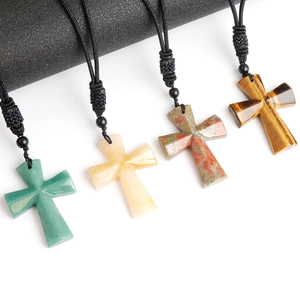 Set of four natural stone cross necklaces in aventurine, agate, and tiger eye stones