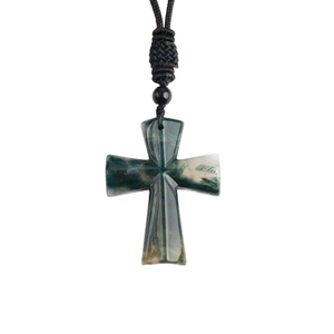 Natural moss agate cross necklace with handcrafted black braided cord on white background