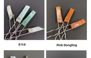 Detail of wire-wrapped hair pin with raw Amazonite and Pink Aventurine natural gemstones