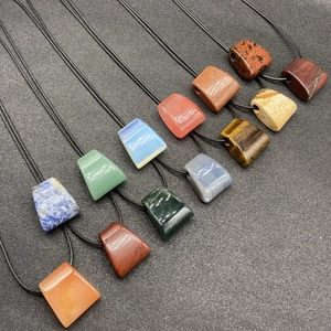Natural Stone Trapezoidal Pendant Necklace Agate Tiger Eye Aventurine Crystal With Black Cord Ethnic Retro Jewelry