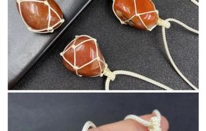 Detailed macro view of raw red agate stone wrapped in a handmade woven net pouch