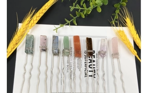 Detailed set of 8 U-shaped hairpins with wire-wrapped raw stones and colorful crystals
