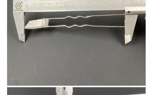 Detail showing natural raw pink crystal hair pin length measured at 12.5cm with a caliper