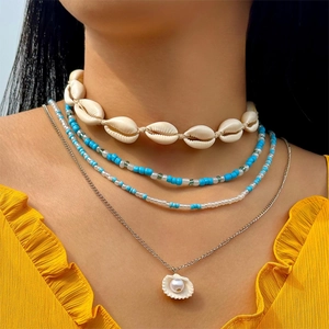 Collier Multi Rangs Bohême Coquillage Naturel Künstliche Perles Faites À La Main Chaîne En Alliage Faux Künstliche Perle Bijoux De Plage Été Femmes