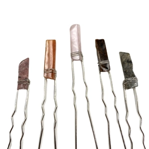 5-piece set of U-shaped hairpins with natural crystal stones and wire-wrapped design