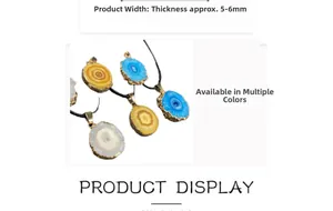 Detail showing 5-6mm thickness and gold plated edges of multi-color agate slice pendants