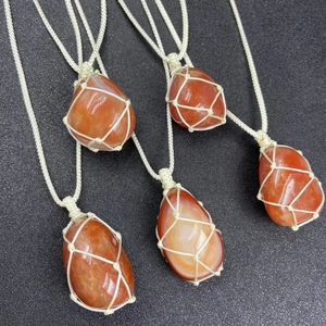 Natural Red Agate Raw Stone Pendant Necklace Braided Cord Net Bag Wrap Bohemian Ethnic Handmade Jewelry Women