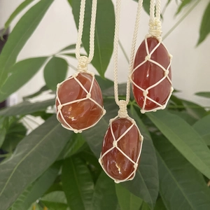Three large red agate raw stone pendants with handmade beige woven net mesh necklaces