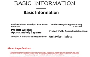 Detailed technical specifications for amethyst raw stone pendant including size and weight