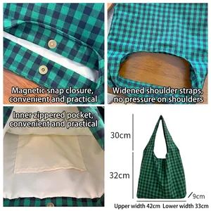 Green plaid canvas tote bag with magnetic closure and wide shoulder straps for shopping