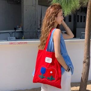 Minimalist red nylon tote bag with floral embroidery and large capacity for women