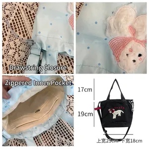 Cute embroidered canvas crossbody bag with drawstring and rabbit puppy patterns