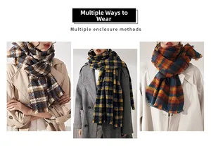 Detail of plaid scarf styles with multiple tying methods and soft fringe edges