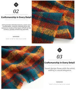 Close-up of soft plaid scarf with fringe, featuring orange, teal and burgundy colors