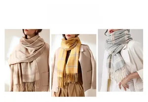 Detail showing checkered patterns and tassels on soft cashmere-like woven scarves