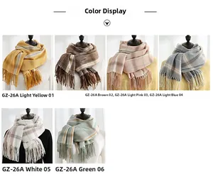 Detail view of plaid tassel scarves in light yellow brown pink blue white and green