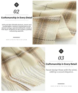 Macro detail of plaid scarf showing soft brushed texture and delicate fringe trim