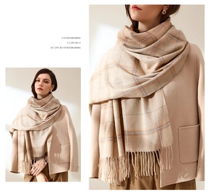 Close-up of plaid cashmere feel scarf with fringe tassels and soft fabric texture