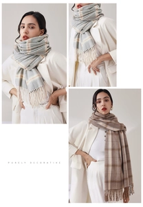 Detail of plaid tassel scarf showing soft woven texture and grey yellow fringe accents