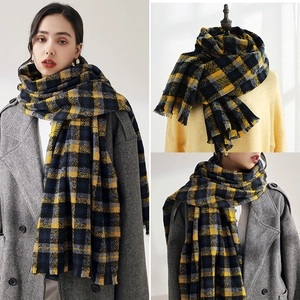 Classic yellow and black plaid cashmere-feel scarf with tassels for winter warmth