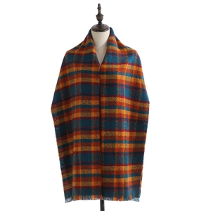 Classic plaid scarf for women with blue and orange check pattern and fringe hem