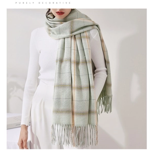 Detail of soft plaid scarf with long tassels and thick woven texture in mint and beige