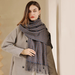 Écharpe à carreaux classique avec franges, bleu marine et marron, épaisse pour l'hiver