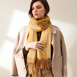 Yellow and grey plaid cashmere-like scarf with long tassels for women's autumn style
