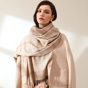 Plaid cashmere-like scarf with fringe tassels in beige and orange for winter warmth
