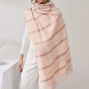Pink plaid faux cashmere scarf for women with tassels in a stylish shawl drape style