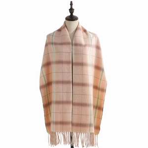 Pink plaid faux cashmere scarf for women with soft woven texture and fringe details