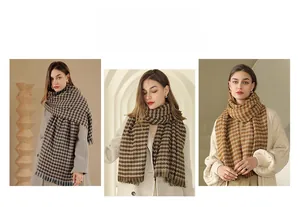 Three-panel detail showing thick plaid scarf styles with fringe edges and warm colors