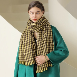 Thick yellow and brown plaid cashmere-like scarf with tassels for winter fashion