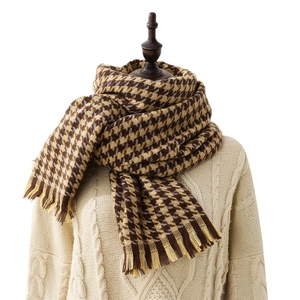 Classic houndstooth plaid scarf in dark coffee and beige with fringe details for winter