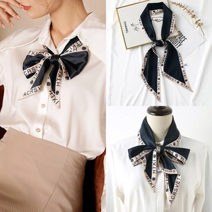 Polka dot silk scarf with letter prints and floral motifs in deep blue and beige
