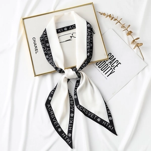 Elegant ivory satin skinny scarf with black trim and vintage letters for women