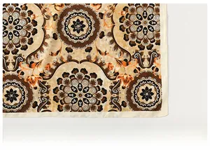 Close-up of bohemian floral print scarf featuring precise stitching and flat edges